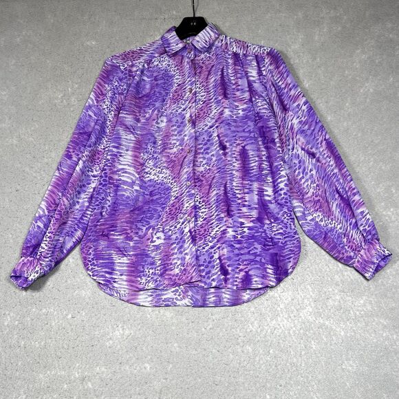 Vintage All Hours Blouse X-Small Purple Button Down Pockets Animal Print Top - Picture 1 of 13